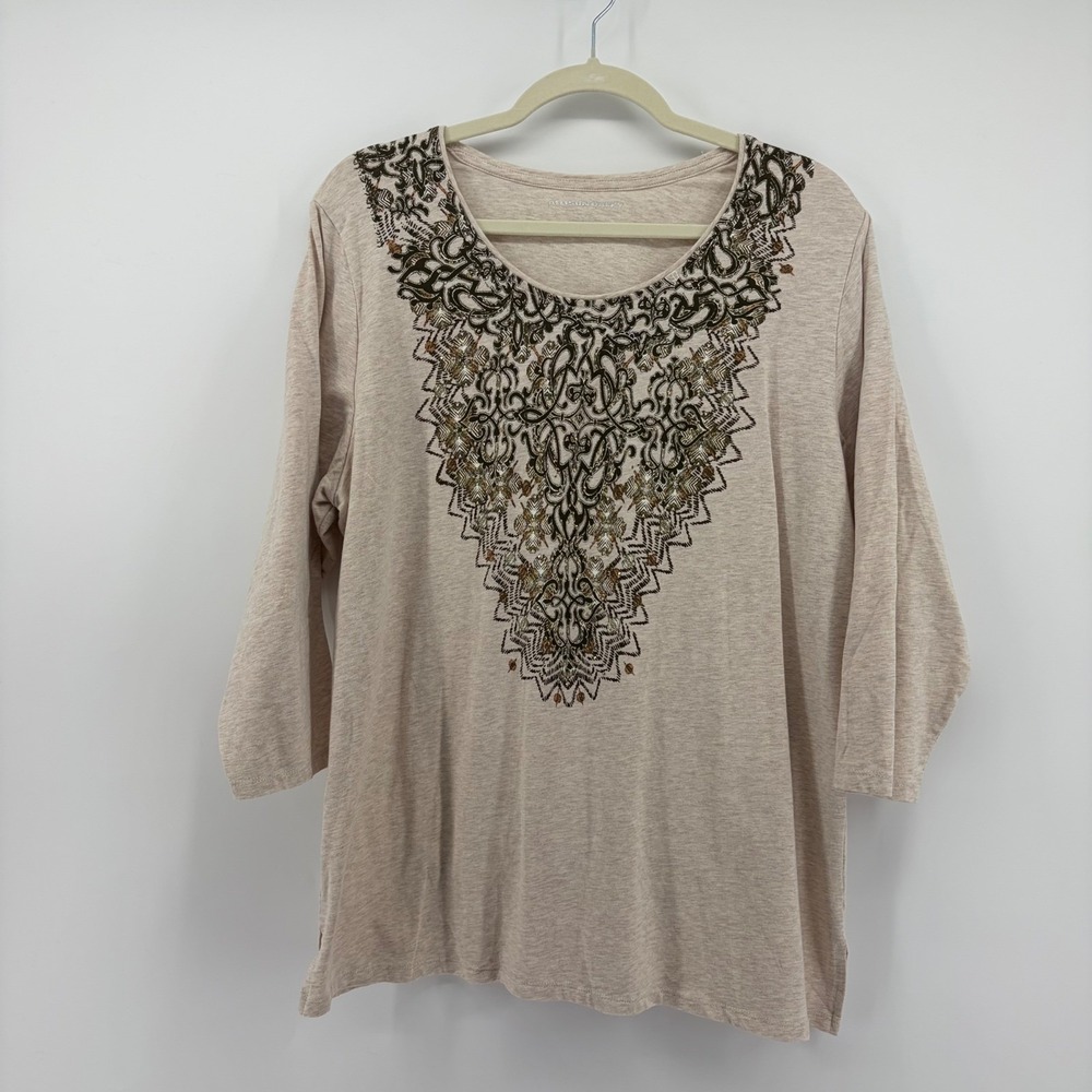 Allison Daley Womens XL Beige 3/4 Sleeve Printed Studded Scoop Neck Top